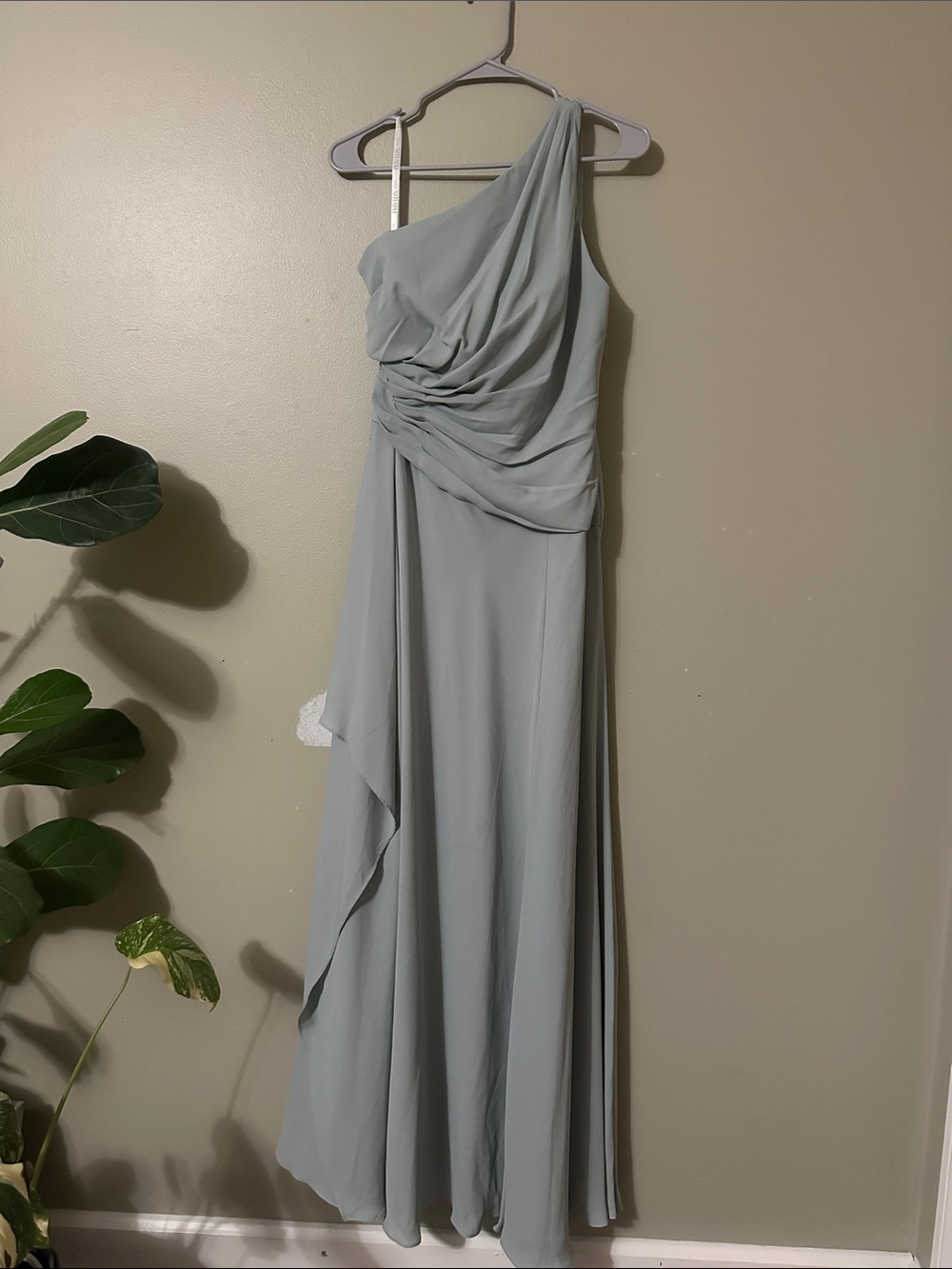 David's Bridal One-Shoulder Chiffon Gown in Sage
